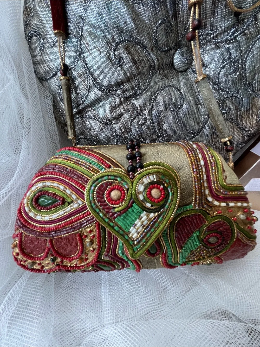 Mary Frances Vintage Purse Heart shaped Beaded, GUC 💚❤️🤍